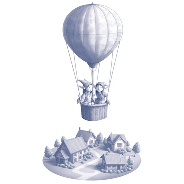 Two elves are seated in a vintage hot air balloon, surrounded by a woven basket made of wicker. The elves wear intricate clothing adorned with delicate patterns, one elf has pointy ears and long flowing hair, while the other has a playful expression. Below them, a quaint village is visible, featuring small, charming houses with thatched roofs and vibrant gardens. The landscape is dotted with trees and winding paths, creating a picturesque scene. The balloon is filled with a large, patterned fabric envelope, gently inflated and capturing the wind as it soars above the village.