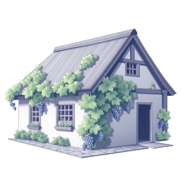 A quaint cottage with a thatched roof and wooden beams is covered in lush grapevines. The vines are thick and green, winding around the exterior walls of the cottage. Bunches of grapes hang down from the vines, displaying their round shapes and clustered arrangement. The cottage has small, paned windows with flower boxes underneath, adding to its charm. A cobblestone pathway leads up to the front door, which is slightly ajar, inviting visitors to explore inside.