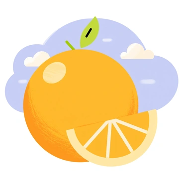 An orange with a glossy, textured skin, displaying a vibrant orange color, has one slice removed revealing its juicy, bright interior. The missing slice is neatly placed nearby, showcasing the fruit's segments. The background features a clear blue sky with fluffy white clouds, casting a warm and cheerful atmosphere over the scene. Bright sunlight highlights the orange and its slice, emphasizing their freshness.