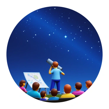 An astronomy enthusiast standing beside a telescope, pointing towards the night sky filled with numerous visible stars. The sky is dark with a deep blue hue, scattered with bright white stars twinkling. The enthusiast is wearing a casual outfit, with a star map spread out on a nearby table. A small group of people is gathered around, listening attentively and looking up at the stars, with excitement on their faces. A few constellations are highlighted on the star map, and the Milky Way galaxy can be seen stretching across the background.