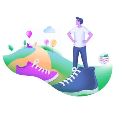 A modern pastel illustration of a person standing in the center, looking thoughtfully at two different pairs of shoes placed on the ground in front of them. One pair of shoes is vibrant red with white laces, leading towards a pathway filled with colorful balloons and a cheerful landscape. The other pair is a classic navy blue with a sleek design, leading towards a more subdued path lined with books and a cozy reading nook. The person appears curious, dressed in casual clothing, with their hands on their hips, contemplating the choice between the two adventures.