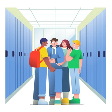 A school hallway with bright blue lockers lining the walls. In the foreground, a group of four kids is standing close together, displaying assertive body language as they crowd around another child. The child being pressured has medium skin and is wearing a red backpack, appearing anxious with wide eyes. The other children are wearing different colored clothing, one in a yellow shirt, another in a blue hoodie, and the third in a green t-shirt. The hallway is well-lit, with large windows at the end allowing sunlight to filter in, illuminating the scene.