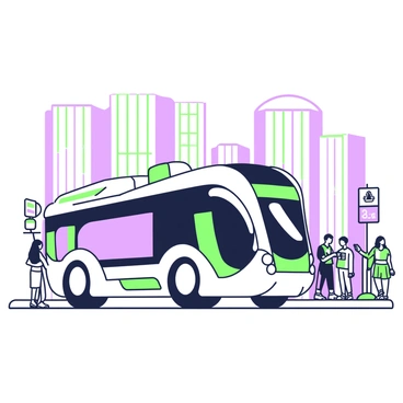 A futuristic high-tech bus is parked at an urban bus station. The bus has sleek aerodynamic lines and a transparent roof, showcasing its advanced design. Its exterior features illuminated green and purple accents that highlight its modern structure. Surrounding the bus, there are digital display panels showing route information and schedules. A group of passengers, dressed in contemporary clothing, are waiting nearby, some looking at their devices, while others are engaging in conversation. The background includes tall buildings with glass facades, reflecting the bus's futuristic design.