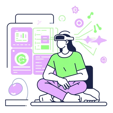 A person is sitting in a modern, high-tech room, wearing a sleek headset that connects to sensory extension implants on their temples. Their eyes are closed in concentration as they experience enhanced perception. Glowing lines emanate from the implants, creating a visual representation of heightened awareness. In the background, various holographic displays showcase data and sensory inputs, such as sounds and colors. Small objects, like a floating cube and a swirling orb, are hovering around them, indicating the enhanced interaction with the environment. A soft light illuminates the scene, emphasizing the technological atmosphere.