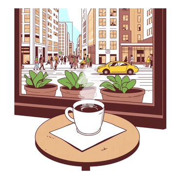 A white coffee cup filled with steaming coffee is sitting on a round wooden table in a cafe. The table is positioned near a large window, providing a view of a busy city street. Through the window, a mix of people is walking briskly along the sidewalk, with some stopping to admire shop windows. In the background, tall buildings with glass facades reflect the sunlight, and a yellow taxi cab is driving by, adding to the lively urban atmosphere. The cafe interior features warm lighting and potted plants on the window sill, creating a cozy ambiance.