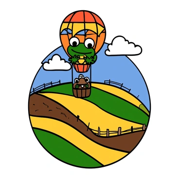 A green frog with big eyes and a brown toad with big eyes are sitting inside a colorful hot air balloon. The hot air balloon is adorned with bright patterns in shades of red, yellow, and blue. Below them, there is a patchwork of fields, featuring various shades of green, yellow, and brown, divided by dirt paths and fences. The sky above is clear and blue with fluffy white clouds drifting by. The frog is smiling and looking over the edge of the basket, while the toad is gazing out at the landscape.
