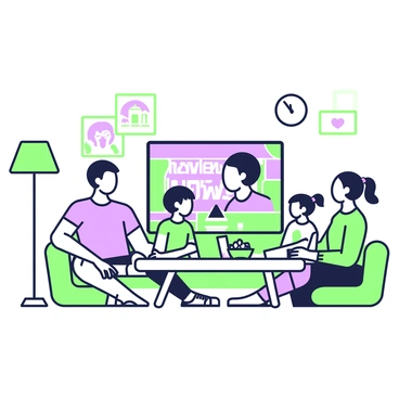 A family is gathered in their living room, sitting together on a comfortable couch. The room is softly lit, with a warm ambiance created by a floor lamp in the corner. In front of them, there is a large television screen displaying the evening news. The news anchor is visible on the screen, along with graphics that accompany the report. The father is sitting on the left, wearing a casual t-shirt and jeans, while the mother is on the right, dressed in a sweater and leggings. Between them, two children are sitting, one with short hair and the other with pigtails, both focused on the television. A coffee table in front of them holds a bowl of popcorn and a couple of remote controls. On the walls, there are family photographs and a clock showing the time.