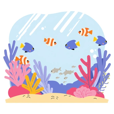 A vibrant underwater scene featuring a variety of colorful fish swimming around. The fish include blue tangs with bright yellow tails, clownfish with orange and white stripes, and a school of small, shimmering silver fish. The background showcases an array of corals in shades of pink, purple, and orange, with some corals shaped like branches and others forming large, rounded mounds. Sunlight filters through the water, creating dynamic patterns on the sandy ocean floor. Small bubbles rise gently towards the surface, adding to the lively atmosphere of the underwater world.