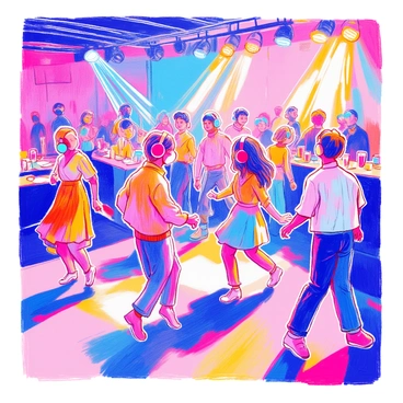 A group of people is dancing at a silent disco event, each wearing large, colorful headphones. The dancers exhibit various styles, with some moving energetically, while others sway gently to the music only they can hear. The setting is lively, with bright lights illuminating the scene, creating colorful patterns around the participants. There are some tables nearby with drinks and snacks, and a DJ booth in the background. The atmosphere is vibrant, filled with a sense of joy and celebration.