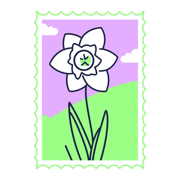 A postage stamp design features a single daffodil with a prominent trumpet-shaped bloom at the center. The petals are wide and slightly ruffled, set against a subtle, scenic background depicting rolling hills and a clear sky. Soft clouds float above, and a few blades of grass peek around the base of the flower. The edges of the stamp are bordered with a decorative green pattern, enhancing the visual impact of the daffodil.