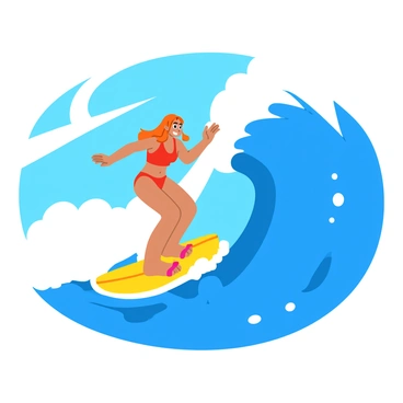 A young woman with long, sun-kissed hair is skillfully riding a vibrant blue wave on her surfboard. She has a big smile on her face, showcasing her enjoyment of the moment. The wave towers above her, with white frothy edges cascading down. The sunlight sparkles on the water’s surface, creating a lively atmosphere around her. She wears a bright red swimsuit, contrasting beautifully with the blue of the wave. In the background, a clear blue sky enhances the cheerful vibe of the scene.