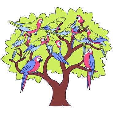 A flock of vibrant parrots with green, blue, and red feathers is perched on several branches. The parrots are arranged in various poses, some with their beaks open, showcasing their colorful plumage. The branches are thick and leafy, surrounded by bright green foliage. Sunlight filters through the leaves, creating patches of light and shadow on the tree trunks below.