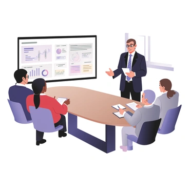 A financial consultant stands at the front of a modern conference room, presenting information on private equity investments. The consultant has light skin and short brown hair, dressed in a tailored dark suit with a light blue shirt and a patterned tie. In front of him is a large screen displaying graphs and charts related to investment performance and strategies. Seated at a sleek oval table are four clients: a man with medium skin and glasses wearing a navy blazer, a woman with dark skin in a bright red dress, a middle-aged man with gray hair dressed in a light gray suit, and a young woman with shoulder-length brown hair wearing a white blouse. Each client is attentively listening, with some taking notes and others looking at printed materials. A large window in the background lets in natural light, illuminating the room.