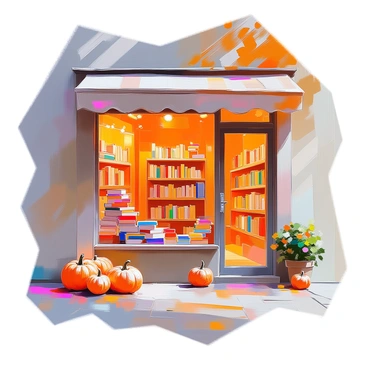 A small vintage bookstore with a charming façade adorned with wooden trim and a welcoming door. The window display showcases an array of autumn-themed books stacked neatly, their covers featuring rich colors of orange, red, and gold. Fall decorations, such as small pumpkins and colorful leaves, surround the books, creating a cozy, inviting scene. Inside, warm, soft lighting enhances the atmosphere, illuminating the rows of bookshelves filled with various titles. The ambiance evokes a sense of nostalgia and comfort.