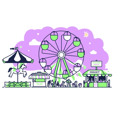 A nighttime carnival scene with simplified rides and brightly lit decorations. In the center, there is a Ferris wheel with large round cabins, outlined in green and purple light. Surrounding the Ferris wheel, there are several food stalls with awnings, featuring colorful signage. To the left, a carousel with artistic horses is spinning slowly, also illuminated by green and purple lights. In the background, a starry sky is visible, adding depth to the scene. The ground is dotted with small groups of people enjoying the festivities.