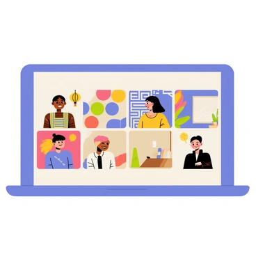 A virtual meeting screen featuring six participants from different backgrounds. Each participant is shown in a small rectangular video box. The first participant has a traditional Japanese paper lantern in their background, while the second has colorful Indian tapestries. The third participant is in front of a blue and white Greek pattern wall. The fourth has a vibrant Mexican mural behind them. The fifth participant displays a cozy Scandinavian-style room with minimalistic decor, and the sixth has an African-inspired painting in their background. Each person is smiling and engaged in the conversation.