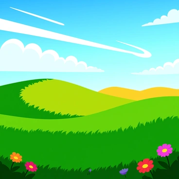 A vast landscape featuring rolling hills covered in lush green grass. The scene is illuminated by warm golden light, creating a glowing effect across the terrain. A prominent jet trail stretches across the sky, leaving a white, wispy line that contrasts with the bright blue above. Fluffy white clouds are scattered throughout the sky, adding depth to the scene. In the foreground, wildflowers in vibrant colors add pops of color among the greenery.