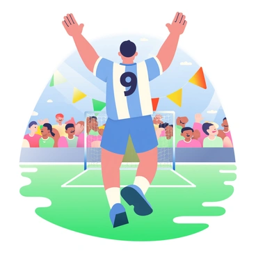 A man with short black hair and a athletic build is celebrating a goal on a vibrant green soccer field. He is wearing a blue and white soccer jersey with the number "9" on the back and matching shorts. His arms are raised high in the air, and his face is filled with joy. In the background, there are colorful banners fluttering in the breeze, and a crowd of fans can be seen cheering enthusiastically. The goalpost is visible behind him, and a bright blue sky adds to the lively atmosphere of the scene.