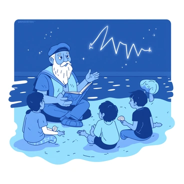 An old sailor with a weathered face and a white beard is seated on a sandy beach, surrounded by a group of attentive children. The sailor is animatedly gesturing with one hand while holding a small, weathered book in the other, sharing tales of adventure. The children, with wide eyes and curious expressions, sit cross-legged on the sand, some with seashells in their hands. Above them, the Big Dipper constellation shimmers brightly in the night sky, casting a soft glow that illuminates the scene. The beach has gentle waves lapping at the shore, and a few distant stars twinkle in the dark blue sky.