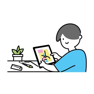A young artist, sitting at a simple desk, is focused on creating digital illustrations on a tablet. The artist has short hair and is wearing a blue shirt. The tablet displays a colorful illustration in progress, with vivid hues and intricate patterns. Scattered on the desk are art supplies, such as markers and sketchbooks. A small plant in a pot adds a touch of green to the workspace. The atmosphere is filled with creativity and concentration.