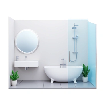 A sleek, modern bathroom with a minimalistic design, featuring white walls and a large, frameless mirror. The sink is a contemporary vessel style, sitting atop a floating vanity with clean lines. Chrome fixtures shine brightly, including a single-lever faucet and a handheld showerhead. A spacious glass shower enclosure with a rainfall showerhead is present, alongside a freestanding bathtub with elegant curves. The floor is covered in large, light gray tiles, and there are green plants adding a touch of color.
