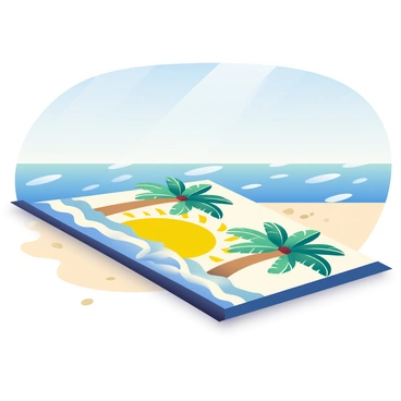 A large beach towel is spread out on the sand. The towel features a vibrant pattern of tropical palm trees and a bright yellow sun. The palm trees are depicted in various shades of green and have detailed fronds. The sun is a bold, cheerful yellow with stylized rays extending outward. The towel's edges are neatly folded, and there are small grains of sand scattered on its surface. In the background, the glistening ocean can be seen under a clear blue sky.