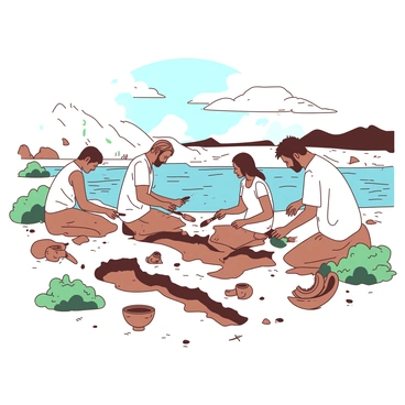 A group of archaeologists is carefully excavating near the banks of the Euphrates River. They are dressed in light-colored clothing and are using tools such as trowels and brushes to gently uncover layers of soil. In the foreground, there are several ancient artifacts partially revealed, including a small clay pot and a broken piece of pottery. The river flows quietly in the background, with its reflective surface capturing the light. The surrounding area is dotted with green vegetation and small stones. The sky above is clear with a few fluffy white clouds.