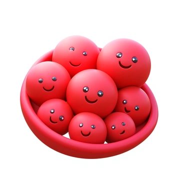 A family of red blood cells smiling together in a group photo. Each red blood cell has a round, biconcave shape, showcasing their vibrant red color. The cells appear cartoonish with friendly expressions and small eyes. They are arranged closely, with some cells playfully leaning against each other. The background is a simple representation of a blood vessel, highlighting the environment where they naturally exist.
