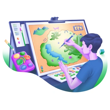 A close-up view of an artist focused on creating a fantasy world map on a 1/16 illustration board. The artist is holding a fine-tipped pen, and a colorful palette of paints is spread out nearby. Various intricate details of the map are visible, including mountains, rivers, forests, and mythical creatures. The workspace is adorned with sketches, reference books, and art supplies. A warm light source illuminates the scene, highlighting the artist's concentration and the vivid colors of the map.