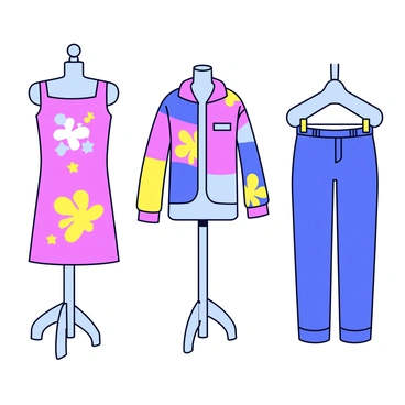 A collection of 3D clothes displayed on mannequins. Each garment acts as a canvas, featuring vibrant, changing digital paintings that wrap around the fabric. The clothing includes a dress, a jacket, and a pair of pants, each showcasing different artistic designs and colors. The backgrounds are minimalistic to emphasize the dynamic artworks on the clothing. The light reflects subtly off the fabric, enhancing the visual impact of the digital images.