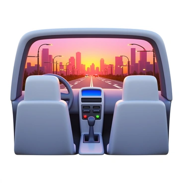 The interior of a white car with sleek leather seats. Through the windshield, a vibrant sunset casts warm orange and pink hues across the city skyline. Skyscrapers stand tall in the distance, silhouetted against the colorful sky. The dashboard features a modern design with digital displays. Outside the window, city streets are bustling with traffic, and pedestrians can be seen walking along the sidewalks. Streetlights are beginning to illuminate as dusk approaches.