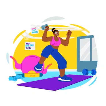 A cartoon character with a bright, cheerful expression is enthusiastically performing glute kickbacks in a gym. The character has exaggerated features, such as large eyes and a broad smile, wearing colorful athletic attire. They are positioned on all fours on a vibrant exercise mat, lifting one leg behind them with energy. Various gym equipment, like dumbbells and a stability ball, is scattered around in the background. The walls are adorned with motivational posters featuring phrases like "Stay Fit!" and "You Got This!" in playful fonts. The atmosphere is lively and dynamic, emphasizing the character's excitement for fitness.