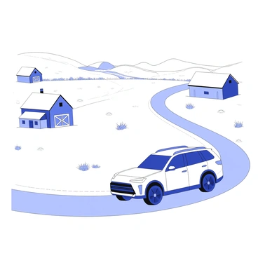 A crossover SUV is driving along a winding road through a countryside landscape. The SUV is positioned prominently in the foreground, showcasing its sleek design and distinctive features. In the background, there are vast open fields extending to the horizon, dotted with patches of grass and wildflowers. Several traditional barns are visible, with their rustic structures standing out against the natural scenery. The road curves gently, leading the eye towards the distant hills that rise softly against the sky. The entire scene conveys a sense of calm and tranquility in the rural setting.