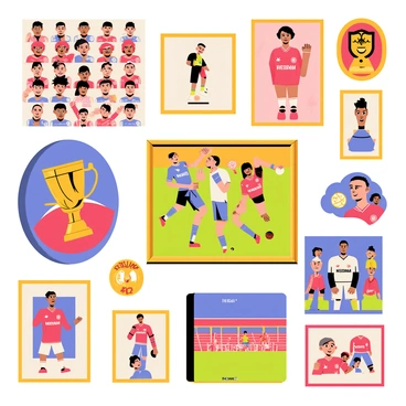 An eclectic collection of fan art showcasing "Manchester United" memorabilia. The artwork features a vibrant mural depicting iconic players in action poses, surrounded by the famous "Red Devil" mascot. Various pieces include a vintage-style poster of the team's first trophy alongside modern illustrations of current players. There are colorful sketches of legendary matches on canvas, with fans wearing "Manchester United" jerseys, cheering in the stands. The collection is arranged in a visually appealing manner, with frames of different styles and sizes, creating a dynamic celebration of the club's rich history.