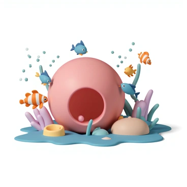 A group of colorful tropical fish, including a clownfish with orange and white stripes, a yellow tang with a bright yellow body, and a blue damselfish with a vibrant blue hue, are swimming around a large, bright red balloon that has sunk to the ocean floor. The balloon is partially deflated, creating a wobbly shape that intrigues the fish. Some fish are peeking into the balloon's opening, while others swim around it, their fins fluttering as they investigate this unusual object in their underwater environment. Coral and seaweed surround the scene, adding bursts of color to the background. The light from the surface filters down, casting a playful shimmer over the curious fish and the balloon.