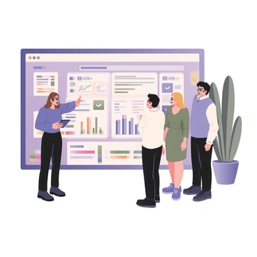 A digital marketing team gathered around a large screen displaying detailed campaign results. The screen shows colorful graphs and statistics in various sections, highlighting key performance indicators. The team consists of four members: a woman with long brown hair and glasses, wearing a blue blouse and black jeans, taking notes on a tablet; a man with short black hair, dressed in a white shirt and dark trousers, pointing at the screen; another man with curly hair in a gray sweater, leaning forward and discussing with a colleague; and a woman with shoulder-length blonde hair in a green dress, smiling while looking at the data. The background features a modern office setting with plants and large windows.