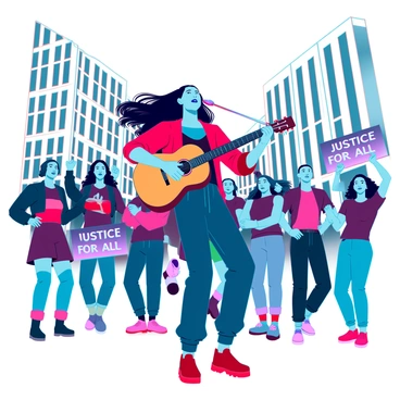 A street musician with long, flowing hair, wearing a colorful outfit, is passionately playing an acoustic guitar. In front of him stands a diverse crowd of enthusiastic fans, some dancing to the music. Several fans are holding signs that read "Equal Rights" and "Justice for All," showcasing their support for social justice movements. The scene is vibrant, filled with energy, as the musician connects with the crowd through his performance. In the background, urban buildings add to the lively atmosphere of the street, highlighting a sense of community and collective spirit.