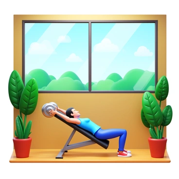 An eco-friendly gym featuring large windows allowing abundant natural light to stream in. Lush green plants are strategically placed throughout the space, enhancing the organic atmosphere. In the center of the gym, a person is performing a dumbbell bench press on a sleek black bench, with a pair of shiny dumbbells in hand. The floor is made of sustainable wood, and the walls are painted in soft earth tones, creating a warm and inviting environment.