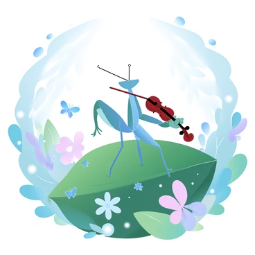 An orchid mantis is positioned delicately on a large green leaf, holding a tiny violin with its front legs. The mantis has vibrant colors that mimic the delicate petals of an orchid. Around it, a lush forest is filled with various shades of green foliage and colorful flowers. Tiny creatures such as beetles and butterflies are gathered nearby, attentively watching the performance. Soft beams of sunlight break through the canopy above, illuminating the scene and creating a magical atmosphere. In the background, hints of trees can be seen, adding depth to the forest setting. A small wooden stage made of twigs is visible, enhancing the concert theme.