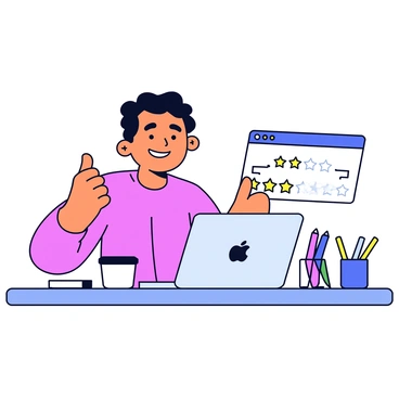 A customer sitting at a desk with a laptop open in front of them. The customer has a bright smile on their face, expressing satisfaction. On the laptop screen, there is a product page with a five-star rating displayed prominently. The customer's hand is raised, giving a thumbs up. Surrounding the desk are a few colorful stationery items like pens and a notepad. A cup of coffee sits beside the laptop.