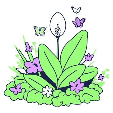A vibrant peace lily is prominently displayed in the center of a lush garden. The peace lily features broad, glossy green leaves and a white flower that rises elegantly above the foliage. Surrounding the peace lily, several butterflies with detailed patterns are fluttering. The butterflies are in various positions, some resting on the leaves while others are mid-flight. The garden is filled with dense greenery, featuring different types of plants and flowers that enhance the scene, creating a lively atmosphere.