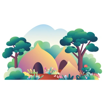 A cluster of traditional African huts is nestled within a vibrant landscape. The huts are constructed from mud and thatch, featuring rounded shapes and earthy tones of brown and beige. Surrounding the huts, dense greenery flourishes, showcasing tall, leafy trees with dark green foliage and various bushes. Brightly colored flowers peek through the foliage, adding splashes of color to the scene. In the background, the sky is clear with a gentle blue hue, illuminating the village. The ground is covered in rich, fertile soil, enhancing the natural beauty of this serene environment.