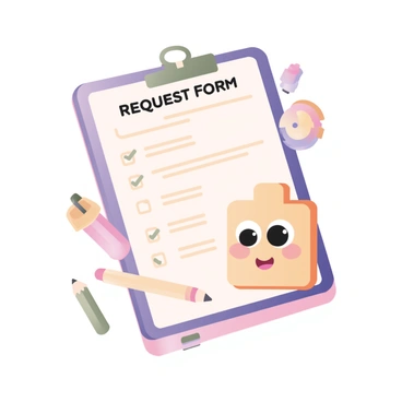 A digital flat illustration featuring a cartoon-style "Inforce Illustration Request Form" at the top of the image. Below the text, there is a smiling paperclip character with large, expressive eyes and a cheerful grin. The paperclip is positioned slightly to the right of the form, with its body shaped like a friendly character. The background includes light colors to give a bright and inviting atmosphere. The form itself has clean lines and sections, with placeholders for text, and various icons around it, such as a pencil, a checklist, and a colorful marker.