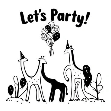A group of giraffes standing together, each adorned with colorful party hats. The giraffes are playfully reaching for a cluster of balloons that are drifting above them. Some balloons are tied to the long necks of the giraffes, while others float freely in the air. In the background, there are small trees providing an outdoor setting for the celebration. The ground is scattered with confetti, enhancing the festive atmosphere. The words "Let's Party!" are displayed prominently above the scene.