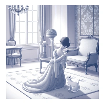 A queen dressed in an elegant, flowing gown is kneeling on a plush carpet in a beautifully decorated palace room. The gown drapes around her, showcasing intricate embroidery and delicate patterns. She is gently petting a graceful white cat, which is sitting comfortably beside her. The room features ornate furnishings, including a grand chandelier hanging from the ceiling, richly designed tapestries adorning the walls, and intricately carved furniture. Soft light filters through large windows, casting gentle shadows across the space.
