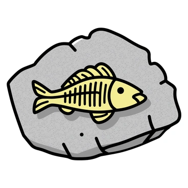 An ancient fossil of a fish, embedded within a rugged piece of gray rock. The fossil displays its detailed skeletal structure, with clearly defined bones and fins. The surrounding rock surface shows texture and natural imperfections, emphasizing the age and authenticity of the fossil. Light casts subtle shadows on the fossil, highlighting its three-dimensional form against the flat rock background.