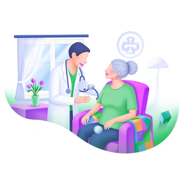 A modern pastel illustration depicting a doctor in a white coat gently examining an elderly patient sitting in a comfortable armchair. The patient, a woman with gray hair styled in a bun, looks attentive and relaxed. Surrounding them are elements of a care home, including a window with light streaming in, a small table with a vase of flowers, and a colorful quilt draped over the armchair. The doctor holds a stethoscope and is engaged in conversation, while the patient is nodding and smiling.