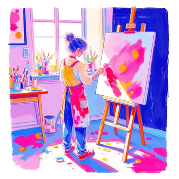 An artist is standing in a bright studio, focused on creating a vibrant red abstract painting on a large canvas. The artist, wearing a paint-splattered apron, holds a brush poised above the canvas. Surrounding the artist are various art supplies, including tubes of paint, brushes of different sizes, and a palette with mixed colors. In the background, the walls are adorned with other completed artworks, and a tall window allows sunlight to stream in, illuminating the space. The floor is covered with splashes of paint, adding to the creative atmosphere.