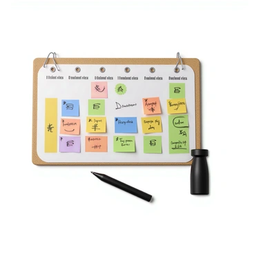 A wall calendar displaying a month, with each day clearly visible. The dates are highlighted in bright colors to emphasize important financial dates. There are handwritten notes and symbols, such as dollar signs and check marks, next to specific dates, indicating deadlines for bills, paydays, and tax submission dates. The calendar is pinned to a corkboard with a wooden frame, and a pen is resting next to it. The overall look is organized and functional, showcasing the importance of financial planning.