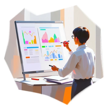 A risk manager with short dark hair and wearing glasses is intently evaluating potential risks. She is standing in front of a large board filled with various graphs and risk matrices. The graphs display data trends, while the risk matrices categorize different levels of risk. The room is well-lit, and there are office supplies scattered on the table nearby. The manager is holding a marker as she points to a specific area on the board, clearly analyzing the information presented.